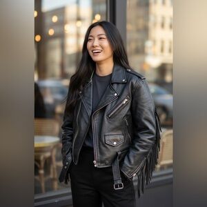 Women's Black Leather Fringe Jacket VINTAGE
